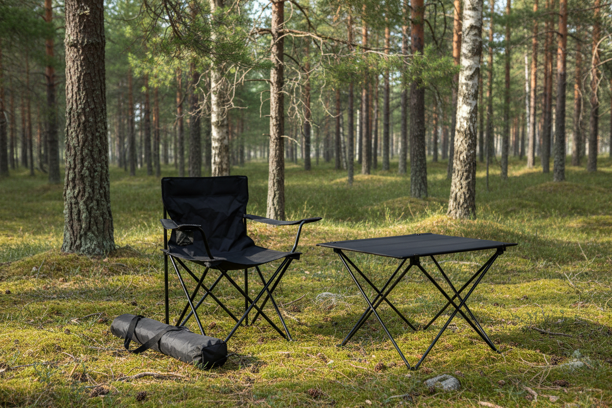 Campingmöbler i skogsdunge