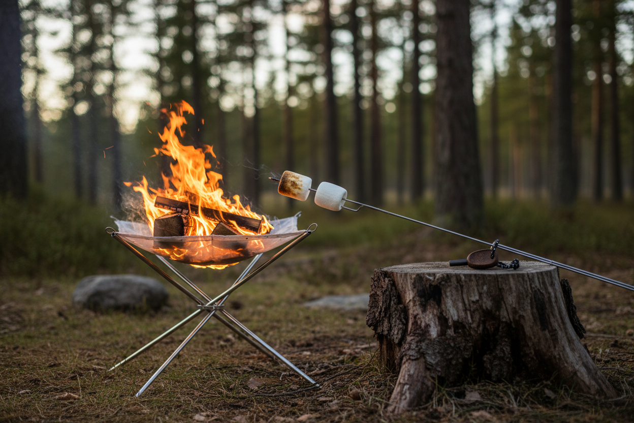 Eldningskit med eldnät, tändstål och grillgaffel med marshmallows vid lågornas sken